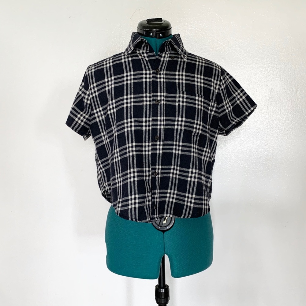 Cropped Navy Flannel Button-up Top